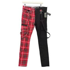 HOT TOPIC Denim Stinger Plaid Black Cargo Jeans Mens 34x30 Chain Suspenders NEW